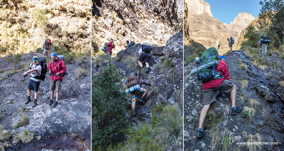 Start of the scrambling before reaching the base of the Cockade Pass. Doug and Matt assessing the best route forward.