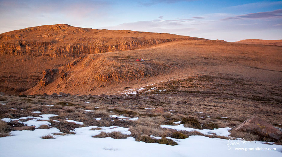 Looking back to our campsite as the first rays of the morning sun warm up our existence. 