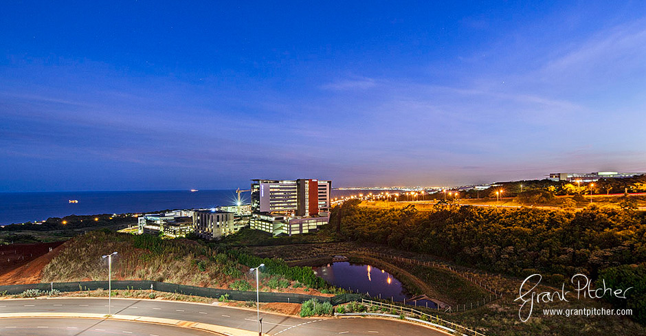 The view at dusk from the entrance platform to the Durban bay in the distance